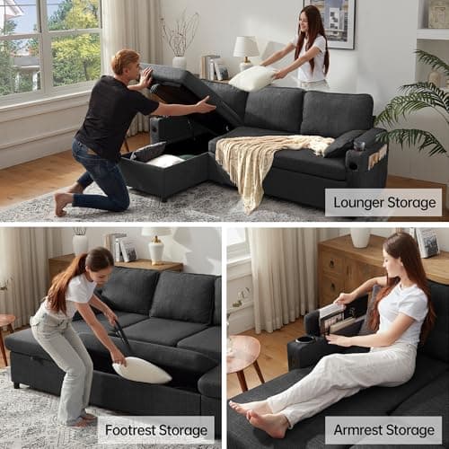 DURASPACE L-Shaped Sleeper Sofa with Storage, USB, and Cup Holder (Dark Gray)