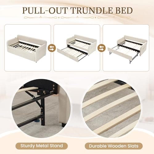 Beige Velvet Tufted Twin to King Size Daybed with Pop Up Trundle & USB Port