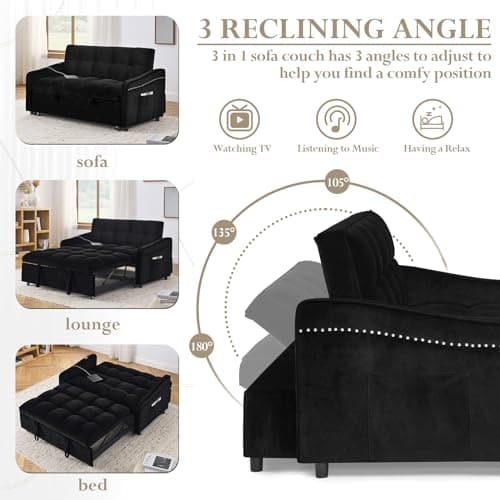 Sleeper Sofa with USB Port and Pull Out Bed for Small Spaces (Black)