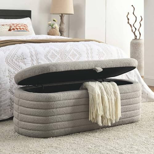 White Sherpa Padded Ottoman Bench with Storage for Living Room and Bedroom