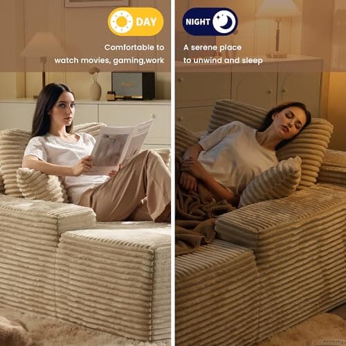 Oversized Cloud Couch, 67" Beige Upholstered Bed Sofa (Plush Corduroy)