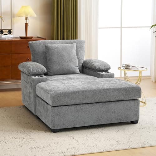 Light Grey Chenille Chaise Lounge with Ottoman & USB, Storage Armrests, & Side Pockets