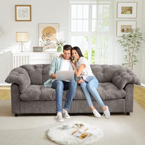 JEEOHEY Modern Sofa Couch, 99" W Chenille Tufted Fluffy Comfy Cloud Couch with Tutfted Design & Armrest Pillows, Upholstered Oversized Loveseat Sofa for Living Room, Bedroom, Office, Apartment, Grey