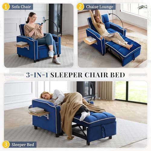 3-in-1 Velvet Tufted Recliner Sleeper Chair Bed with Phone Holder & Side Table (Blue)