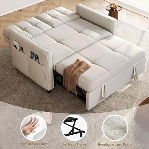 YITAHOME 55" Convertible Sofa Bed, Beige Reclining Sleeper with Side Pocket