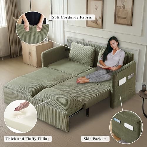 3-in-1 Corduroy Green Pullout Couch Bed with Side Pockets
