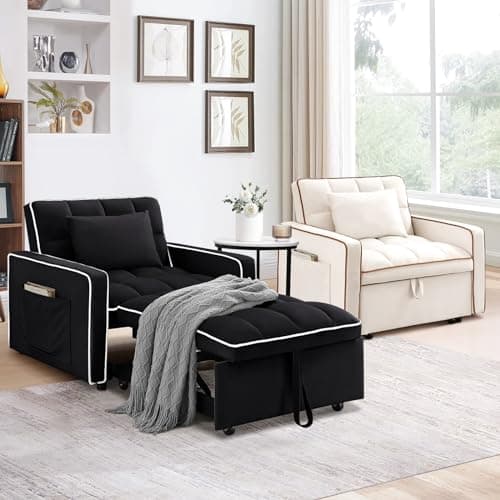 Black 3-in-1 Reclining Sleeper Sofa Chair Bed with Side Pockets
