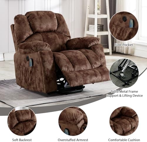 Phoenix Home Large Power Lift Recliner with Massage and Heat for Elderly, Electric Chair with USB Port, 2 Hidden Cup Holders, Brown