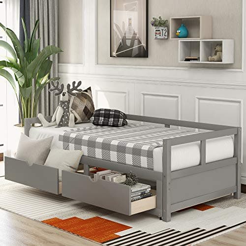 Velvet Daybed with Storage Drawers and Striped Headboard Design