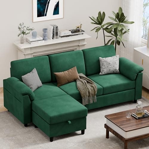 Vongrasig 79" L-Shaped Couch with Storage Ottoman, Light Grey Linen Fabric