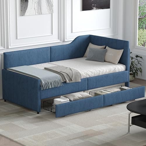 Merax Beige Corduroy Twin Daybed with Storage & Wood Slat Support