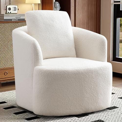 CANMOV Round Swivel Accent Chair, White, Comfy Teddy Boucle Armchair with Pillow