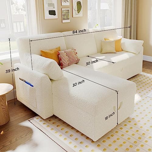 Offwhite Sherpa L-Shaped Sofa Bed with Storage