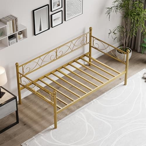 Gold Metal Day Bed, Twin Size with Floral Headboard, Modern SOFE Bed Frame