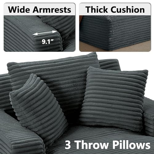 Oversized 49 Indoor Chaise Lounge Chair with 3 Pillows – Grey Corduroy, No Assembly Needed