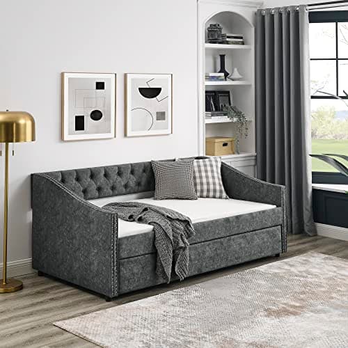 Modern Upholstered Daybed with Trundle for Twin Size - Grey