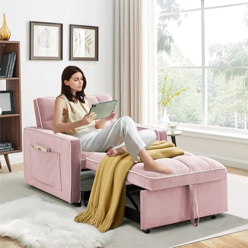 3-in-1 Convertible Sleeper Chair Bed with Adjustable Backrest and Side Pockets, Velvet Upholstered Recliner for Living Room/Office/Small Spaces (Grey)