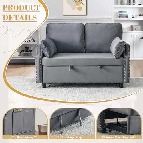 Grey Velvet Convertible Sleeper Sofa Bed, 50 Pull Out Couch, Modern Loveseat with Side Pocket for Small Spaces