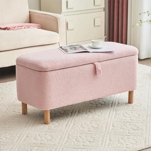 Pink Sherpa Upholstered Boucle Storage Ottoman for Bedroom Entryway