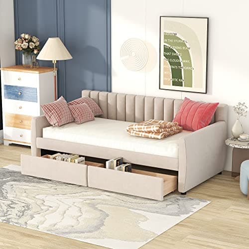 Meritline Beige Tufted Twin Daybed with Drawers & Storage
