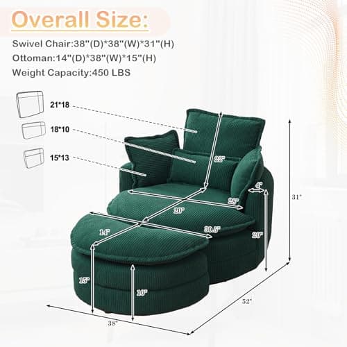 JEEOHEY 38"W Oversized Swivel Armchair with Half Moon Ottoman, Green