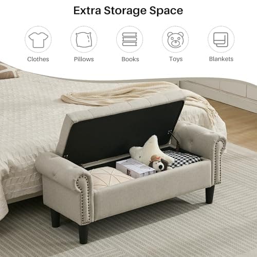 Light Brown Linen Tufted Storage Bench with Rolled Arms & Ottoman, 50" Queen End of Bed Bench