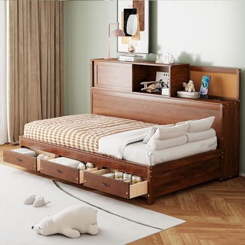 Merax Grey Twin Daybed with Trundle, Solid Wood Captains Bed Sofa Frame