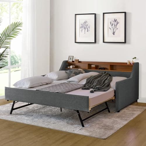 Daybed with Pop Up Trundle and Charging Station, King Size Upholstered Day Bed for Living Room or Bedroom (Grey)