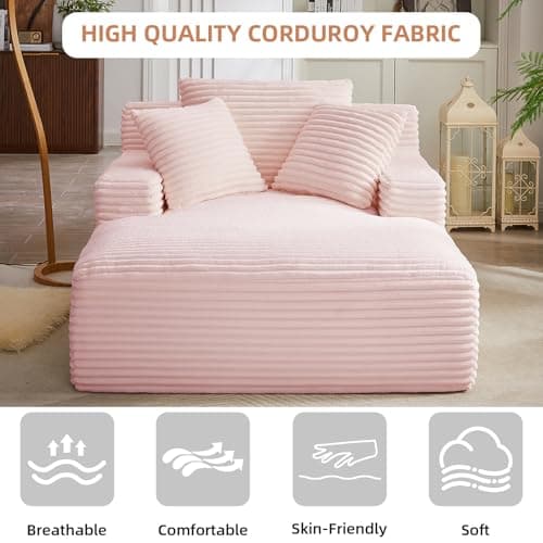 Oversized Pink Corduroy Chaise Lounge Chair with Recliner & Throw Pillows