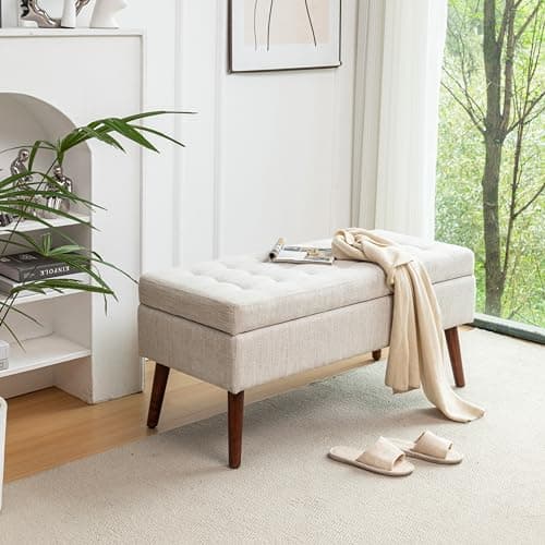 Beige Linen Tufted End of Bed Storage Bench with Solid Wood Legs