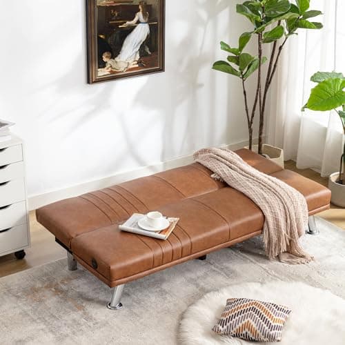 VECELO Modern Convertible Couch Bed, Faux Leather Futon, Brown