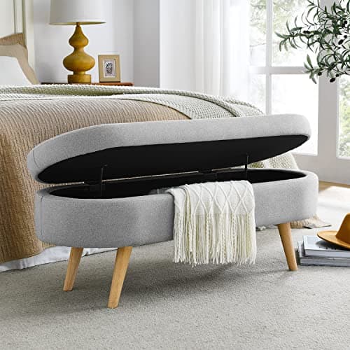 End of Bed Storage Ottoman Bench, 43 Oval Linen Fabric Vanity Bench