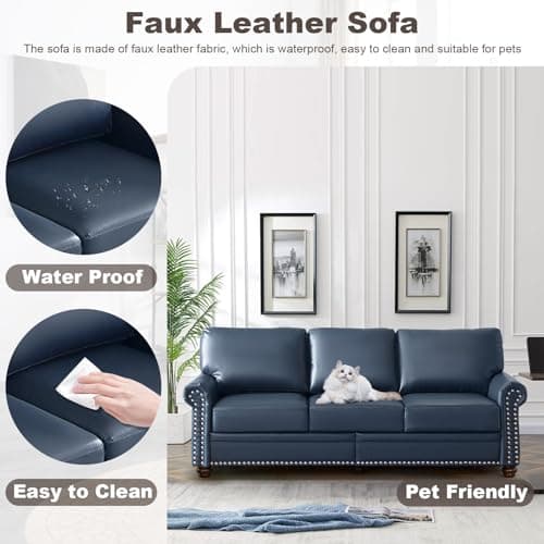3 Piece Faux Leather Sofa Set with Storage, Navy Blue