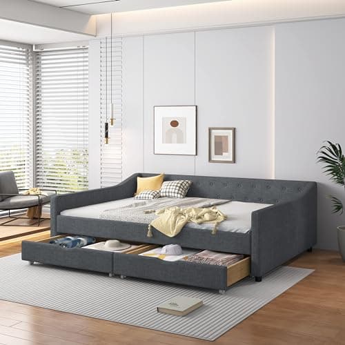 Upholstered Daybed with Drawers, Wood Frame Sofa Bed, Button Tufted Backrest, Linen Fabric, Dark Gray