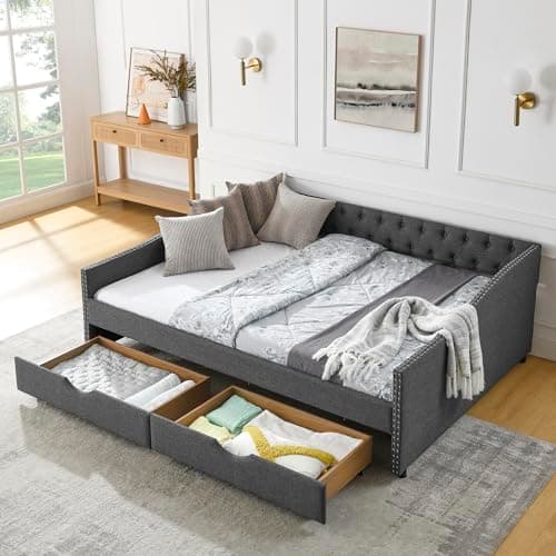 Queen Size Daybed with 2 Drawers, Upholstered Sofa Bed with Button Back and Waved Arms, Wood Slat Support - Grey