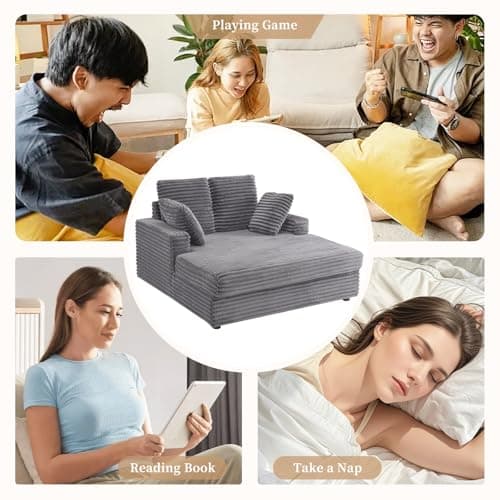 Furnimart 58 Inch Fluffy Corduroy Sleeper Chaise Lounge, Gray