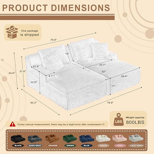 79" Dark Grey Corduroy Oversized Chaise Lounge Couch for Living Room