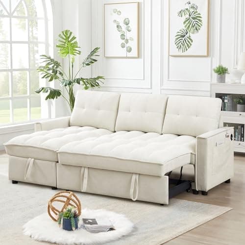 Convertible Sectional Sleeper Sofa Couch with Pull Out Bed,78" Tufted Chenille L Shaped Couch w/ Reversible Storage Chaise&USB/Type C Charge Port for Living Room,Office,Apartment(3-Seater,Beige)
