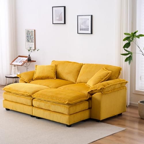 Oversized Cream White Corduroy Chaise Lounge Chair & Ottomans