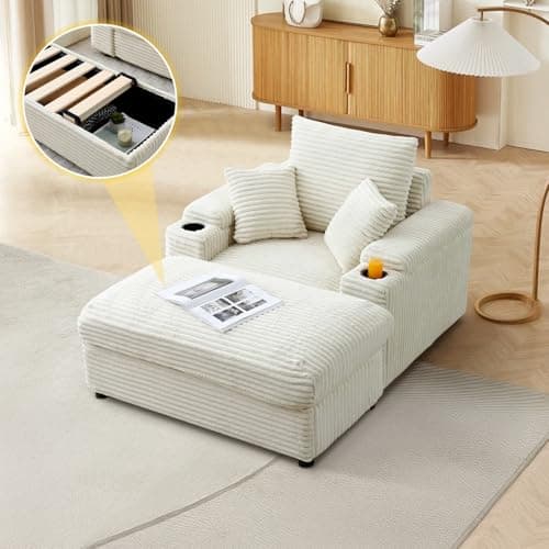 Cozy Blue Chaise Lounge Chair with Storage Ottoman & Cup Holders