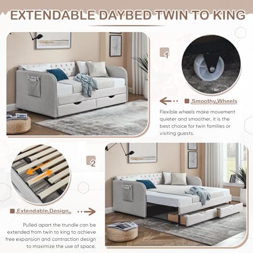 Antetek Modern Button Tufted Linen Daybed with Drawer, Beige