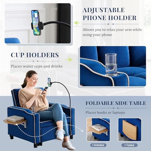 3-in-1 Velvet Tufted Recliner Sleeper Chair Bed with Phone Holder & Side Table (Blue)