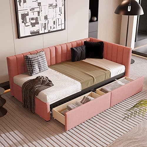 Merax Full Size Upholstered Daybed with Storage Drawers, Yellow Linen Fabric