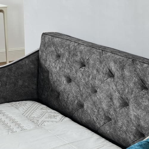 Queen Size Daybed with 2 Drawers, Upholstered Sofa Bed with Button Back and Waved Arms, Wood Slat Support - Grey