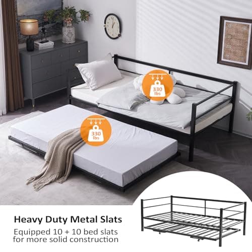 VINGLI Heavy Duty Metal Twin Daybed with Pop Up Trundle, Black