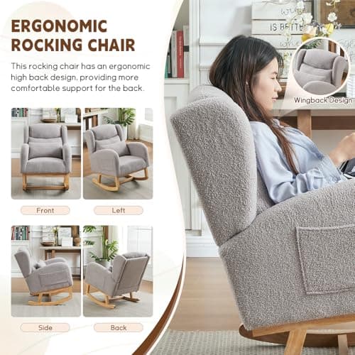 Modern Nursery Rocking Chair with High Backrest and Side Pockets - Grey