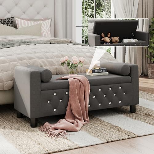 Maupvit 55" Linen Upholstered Storage Bench with Arms & 2 Pillows, Beige
