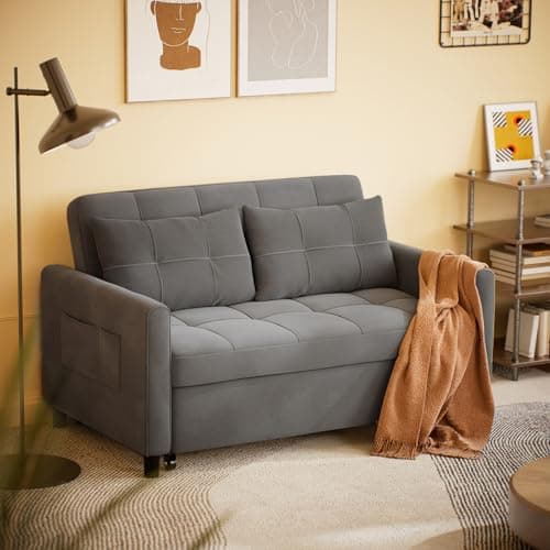 Gizoon 3-in-1 Loveseat Sleeper Sofa Bed with Pull-Out Couch, Linen Fabric, Dark Grey, for Living Room & Apartment