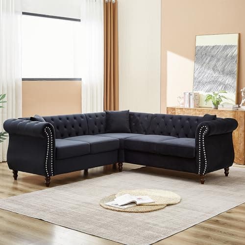 Mid Century Modern Velvet L-Shaped Sofa Couch - Black
