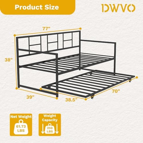 DWVO Black Twin Size Adjustable Height Daybed with Pull Out Trundle
